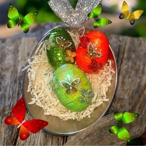 Neon Colored Sequence Easter Butterfly Crystal Eggs Set 3, Kazashi Eggs| Handmad
